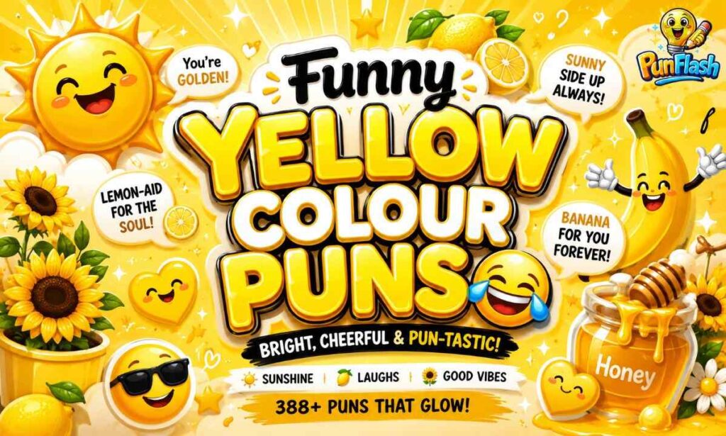 Funny yellow colour puns featured image with sunshine graphics, lemons, sunflowers, yellow paint splashes, and bright aesthetic typography for captions and jokes.