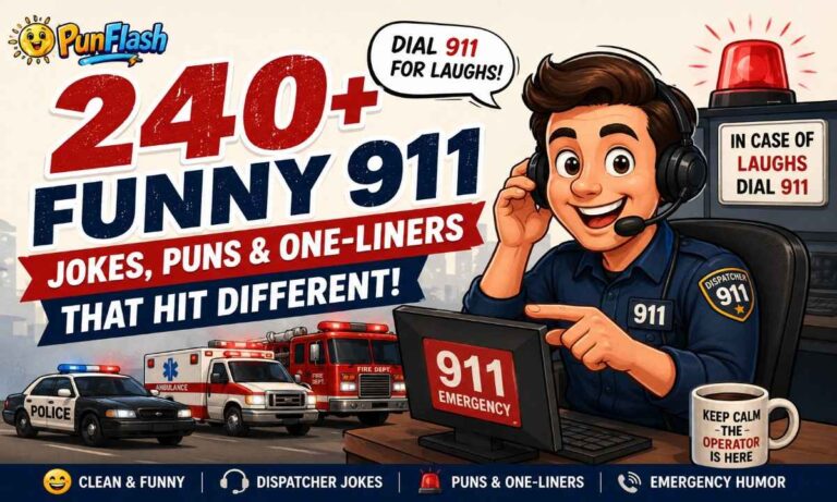 Cartoon 911 dispatcher with funny 911 jokes and emergency puns