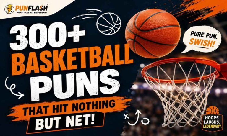Basketball puns with basketball hoop and ball