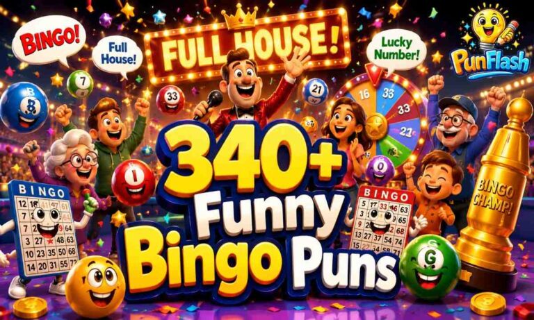 Colorful cartoon illustration of funny bingo puns featuring happy bingo players, bingo cards, daubers, jackpot prizes, and bingo balls celebrating a full house during game night.