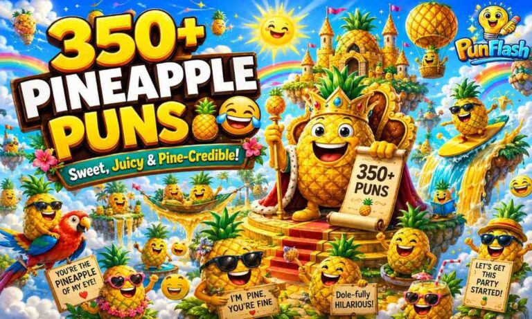Colorful pineapple kingdom with smiling pineapple characters, tropical humor, funny pineapple puns, one-liners, captions, fruit jokes, and playful wordplay.