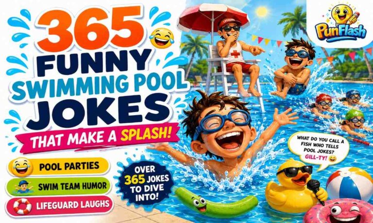 Funny swimming pool jokes blog image featuring cartoon swimmers, lifeguard, pool floaties, pool party humor, and hilarious swimming puns for kids and adults.