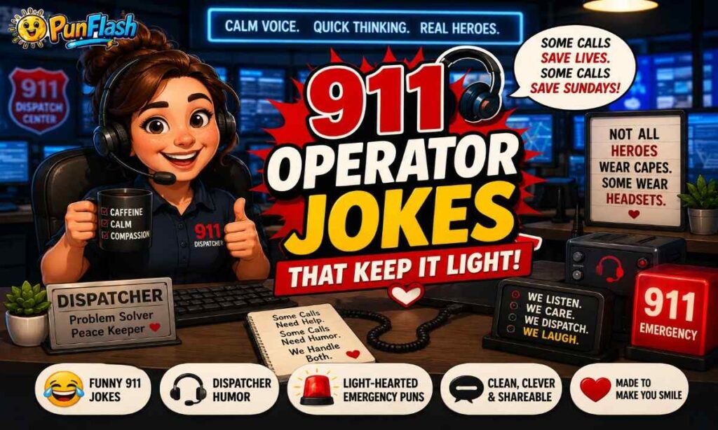 Cartoon 911 dispatcher with funny operator jokes, emergency call humor, and dispatch center.
