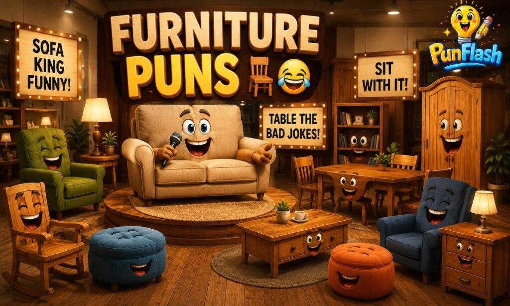 Furniture puns blog image featuring a funny sofa comedian, laughing chairs, tables, bookshelves, ottomans, and wooden furniture characters in a comedy showroom.