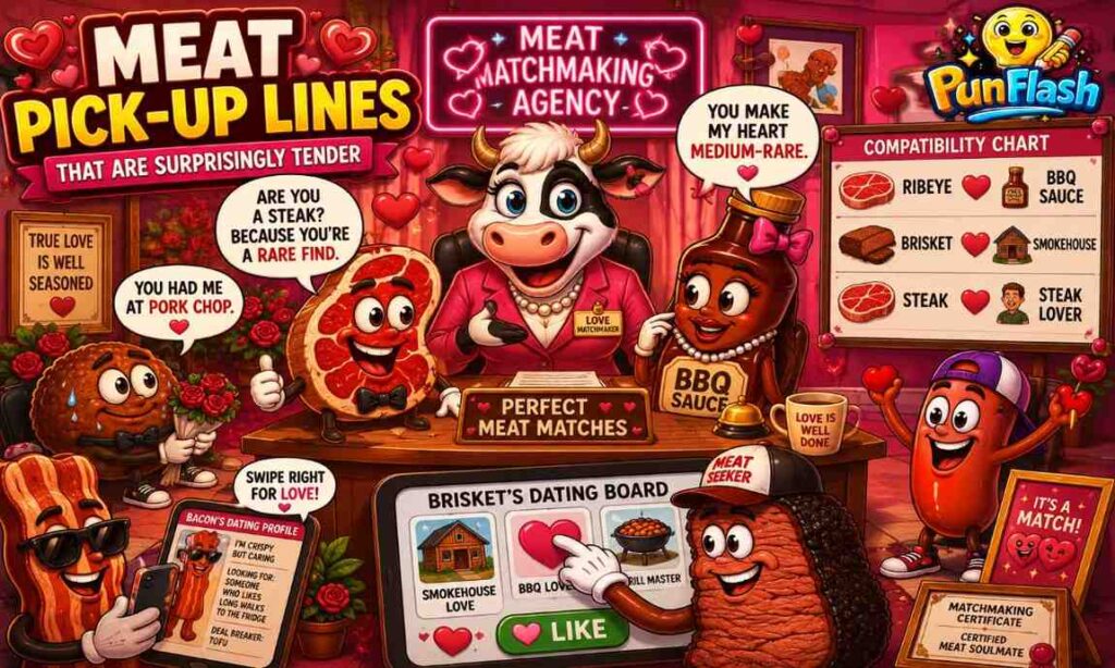 Meat pick up lines featuring cartoon steak, brisket, BBQ sauce, ribeye, and meatball characters sharing flirty meat jokes and romantic food puns