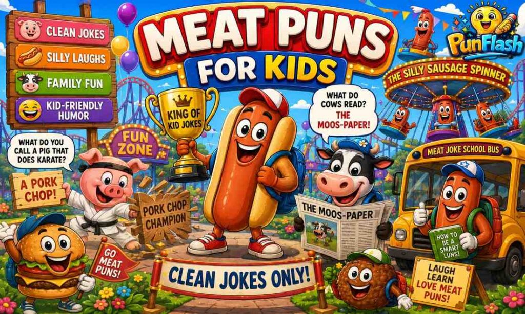 Meat puns for kids featuring cartoon pig, hot dog, cow, sausage, and hamburger characters sharing clean family-friendly meat jokes
