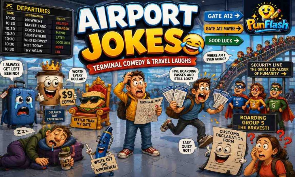 Cartoon airport jokes image with travel humor, boarding gate confusion, funny luggage jokes, delayed flights, airport comedy, and vacation travel laughs.
