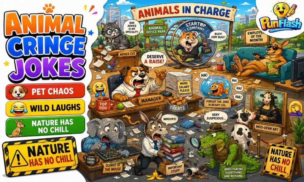 Funny animal cringe jokes cartoon image featuring a dog, cat, hamster, kangaroo, elephant, donkey, and crocodile doing hilarious human activities