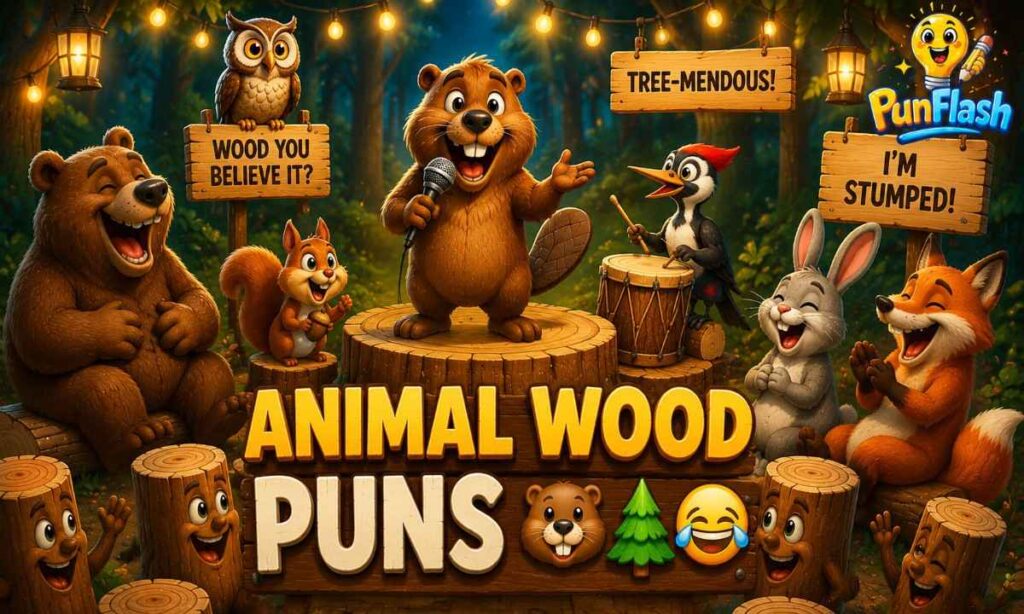Animal wood puns blog image featuring a beaver comedian, laughing bear, squirrel, owl, woodpecker, and funny log characters in a woodland comedy club.