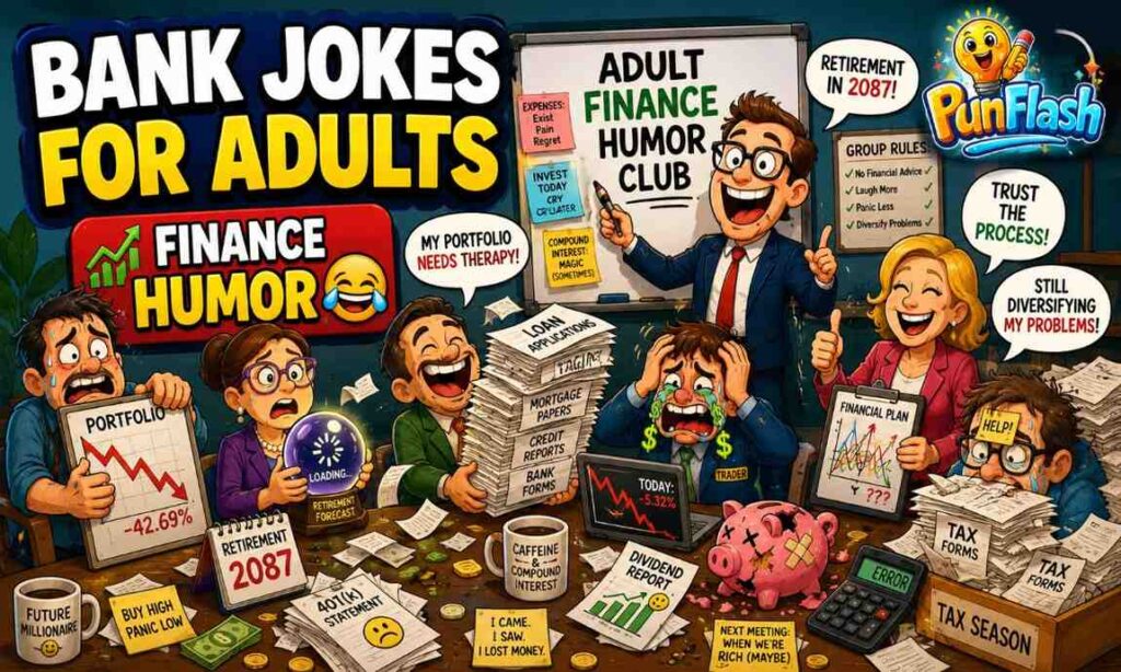 Funny bank jokes for adults cartoon illustration featuring investors, bankers, retirement planners, and stock market humor in a comedy finance support group.