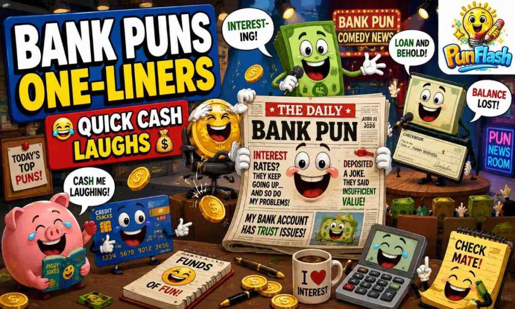 Funny bank puns one liners cartoon illustration featuring a comedy newspaper filled with banking jokes, money humor, and financial wordplay.