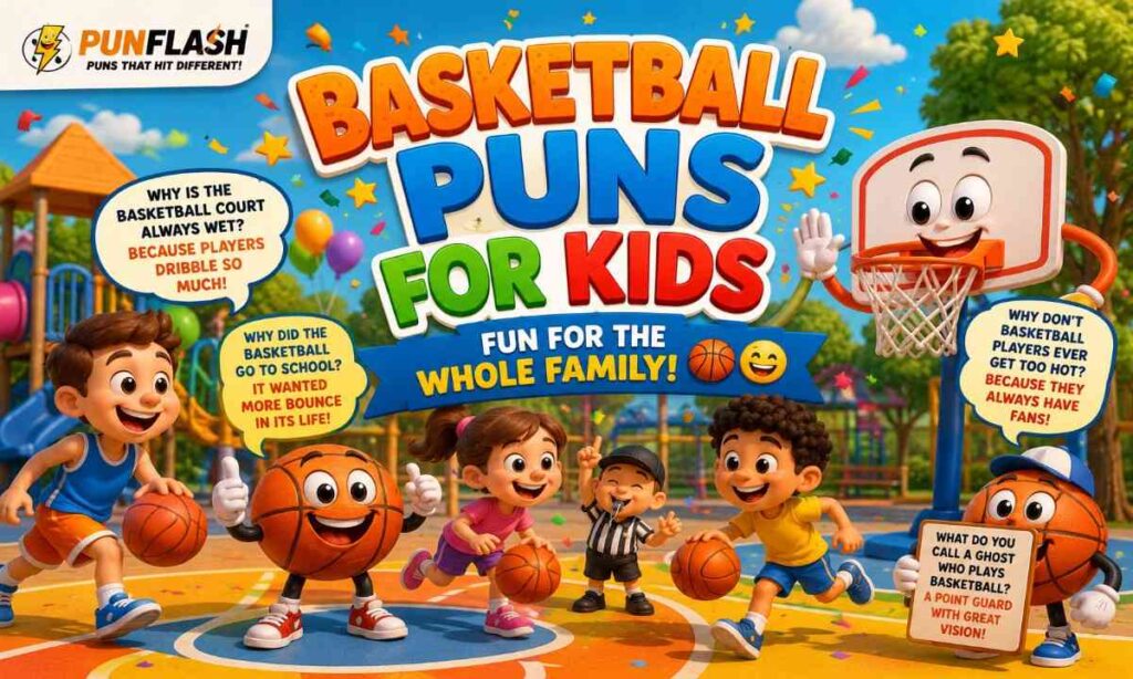 Kids enjoying funny basketball puns with cartoon basketball characters