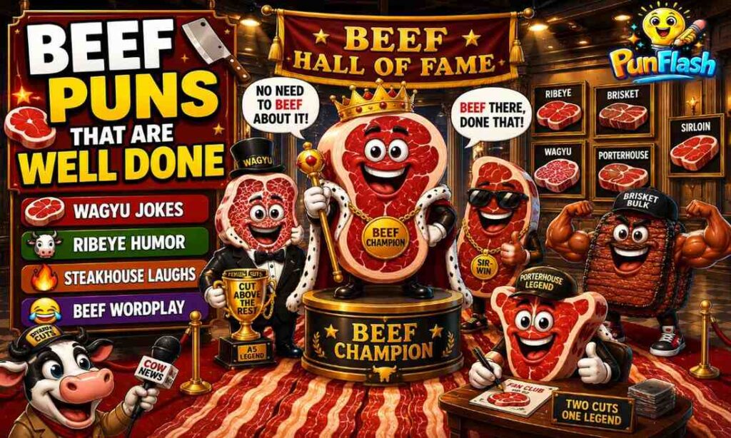 Funny beef puns featuring cartoon ribeye steak, wagyu beef, sirloin, brisket, and premium steakhouse cuts with humorous beef wordplay