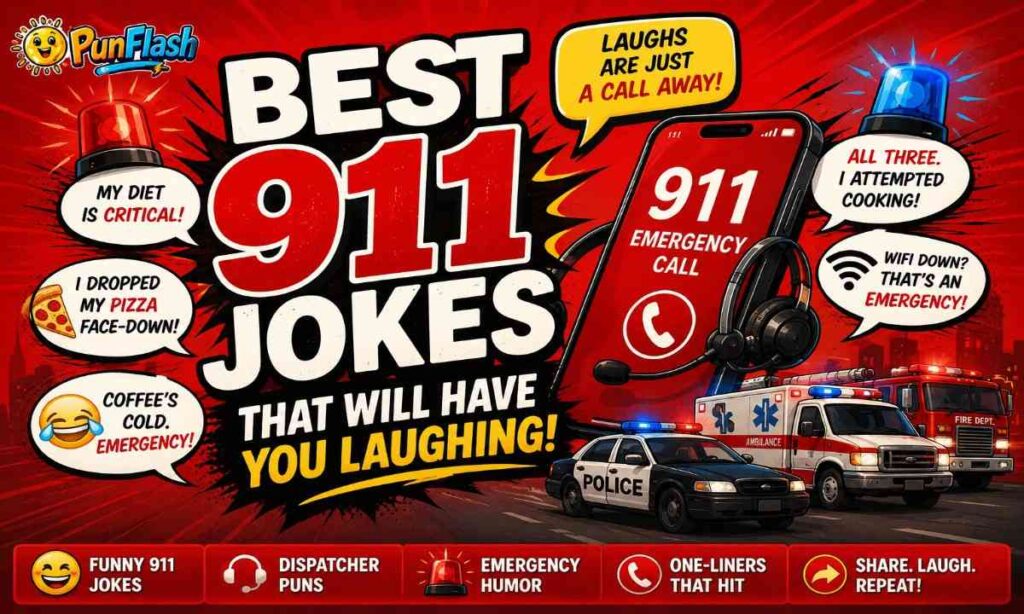 Best 911 jokes cartoon with dispatcher, emergency vehicles, and funny emergency puns.
