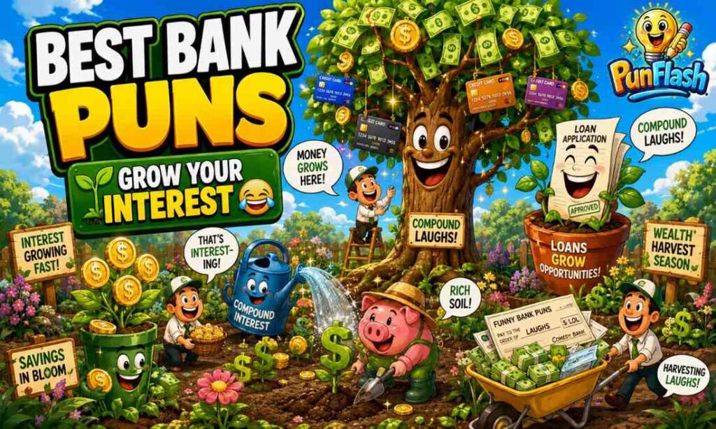 Best bank puns cartoon illustration featuring a magical money garden where interest rates, savings accounts, and dollar trees grow humorous banking jokes.