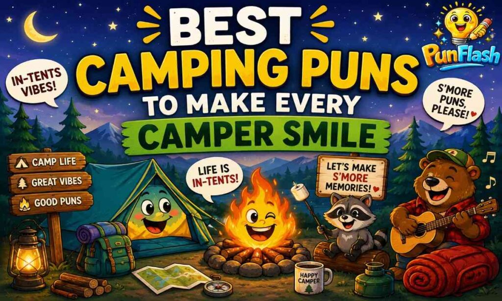 Best camping puns illustration featuring a smiling tent, campfire, backpack, raccoon, bear, and camping humor in a forest campsite under the stars