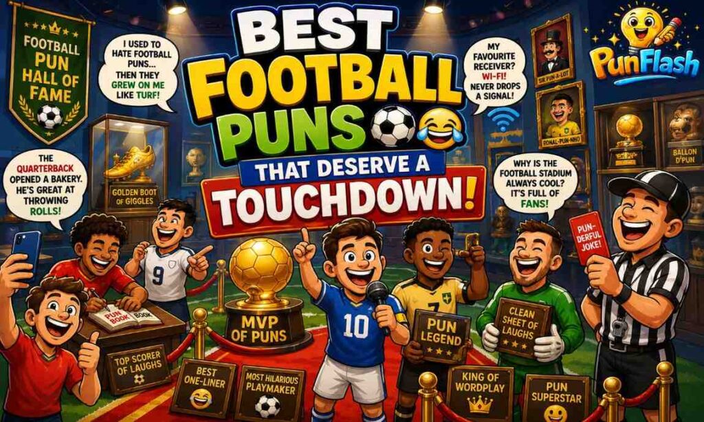 Best football puns illustration featuring soccer players, football wordplay, touchdown jokes, comedy awards, and funny football humor inside a football pun hall of fame.