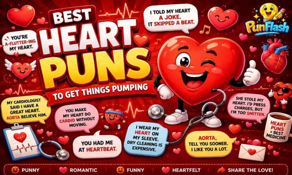 Best heart puns illustration featuring a smiling cartoon heart with funny heart jokes, cardiology humor, romantic heart puns, heartbeat jokes, and love-themed wordplay.