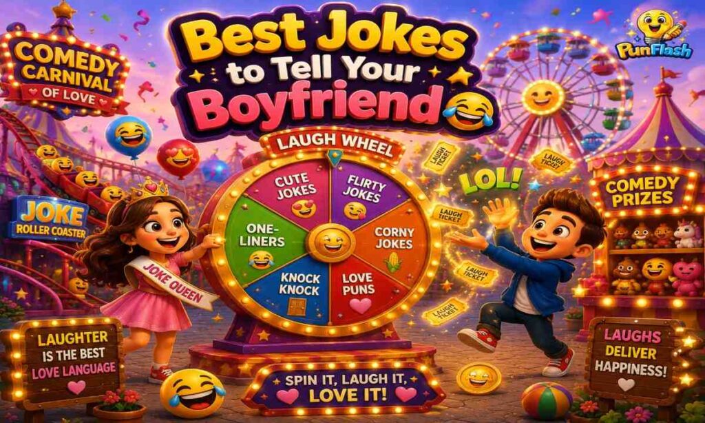 Funny cartoon couple at a comedy carnival with the best jokes to tell your boyfriend.