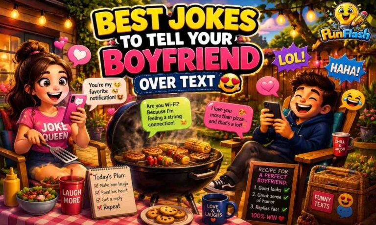 Cartoon girl sending funny text messages to her boyfriend while he laughs at his phone, featuring jokes to tell your boyfriend over text, relationship humor, flirty texts, and cute love jokes.
