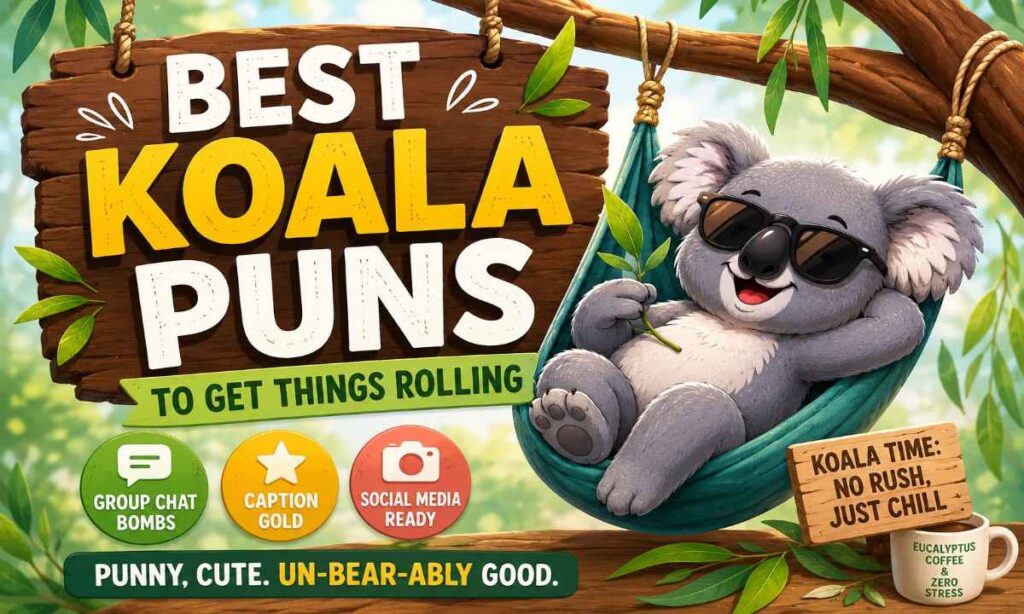 Funny koala puns illustration showing a smiling koala with eucalyptus leaves and humorous koala-themed wordplay.