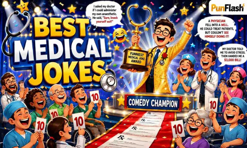 Best medical jokes cartoon illustration featuring a doctor winning a comedy award, laughing nurses, happy patients, and a stethoscope trophy at a medical humor awards ceremony