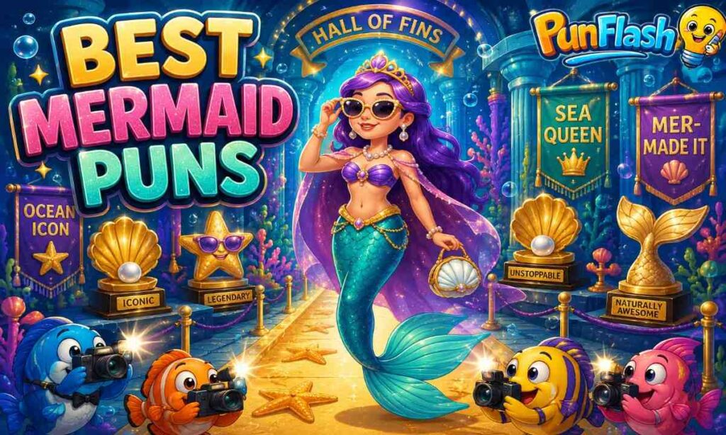 Best Mermaid Puns cartoon image featuring a confident mermaid walking through an underwater hall of fame with pearl awards and ocean trophies