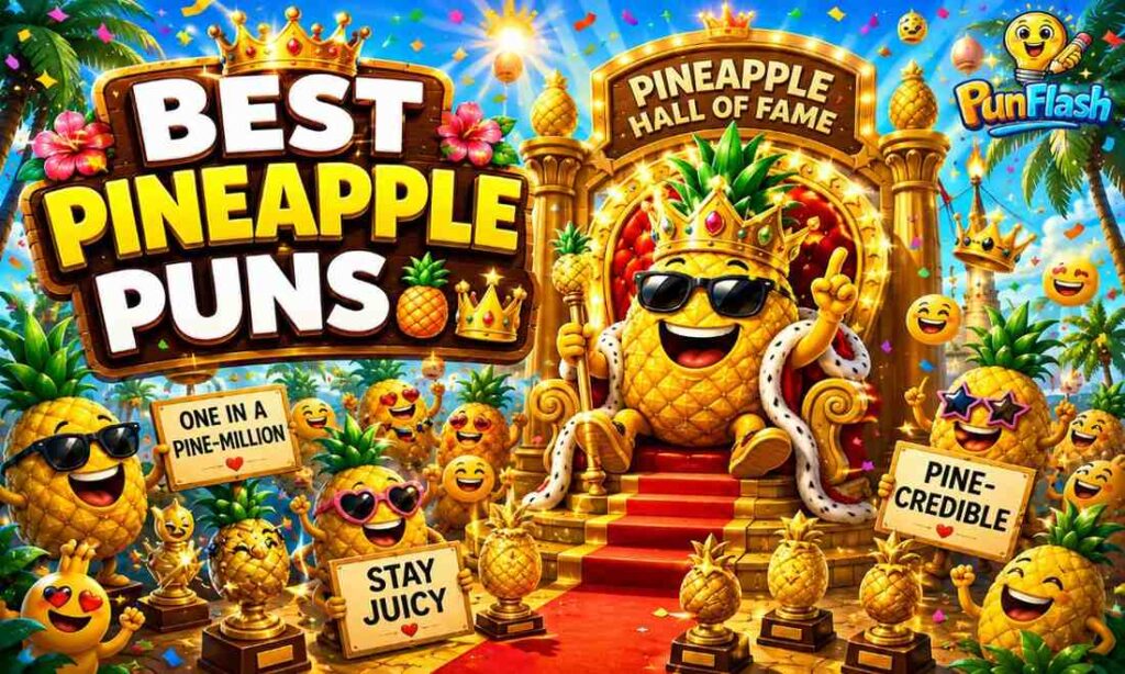 Cartoon pineapple king surrounded by funny pineapple puns, tropical jokes, fruity wordplay, crowns, and tropical comedy characters.