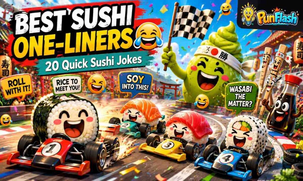 Best sushi jokes one liners featuring cartoon sushi rolls racing on a colorful track with wasabi, soy sauce, and funny food puns