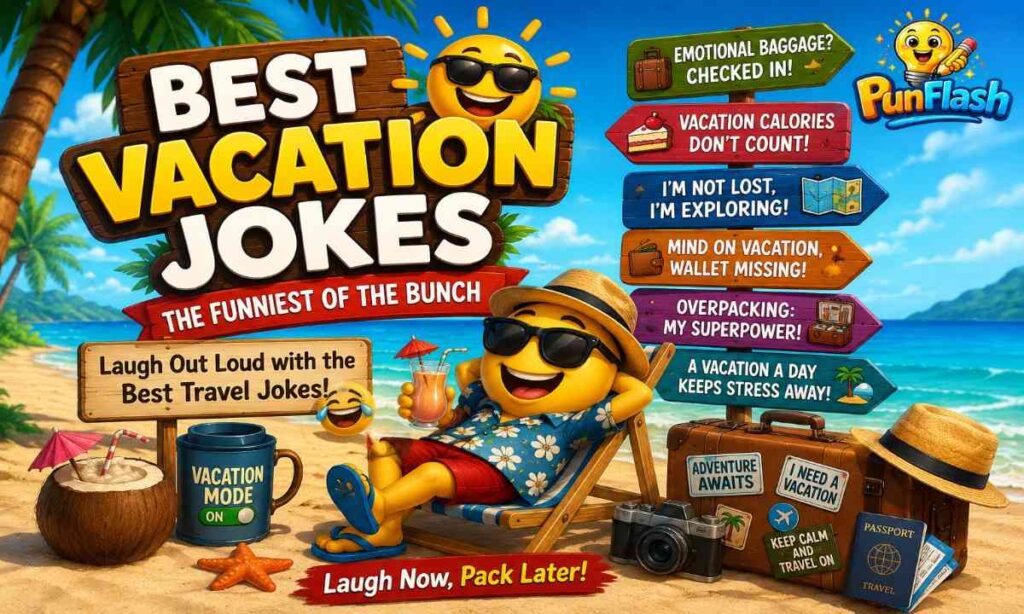Colorful vacation jokes artwork with travel puns, beach vacation humor, funny suitcase jokes, vacation one-liners, and tropical holiday comedy scene.