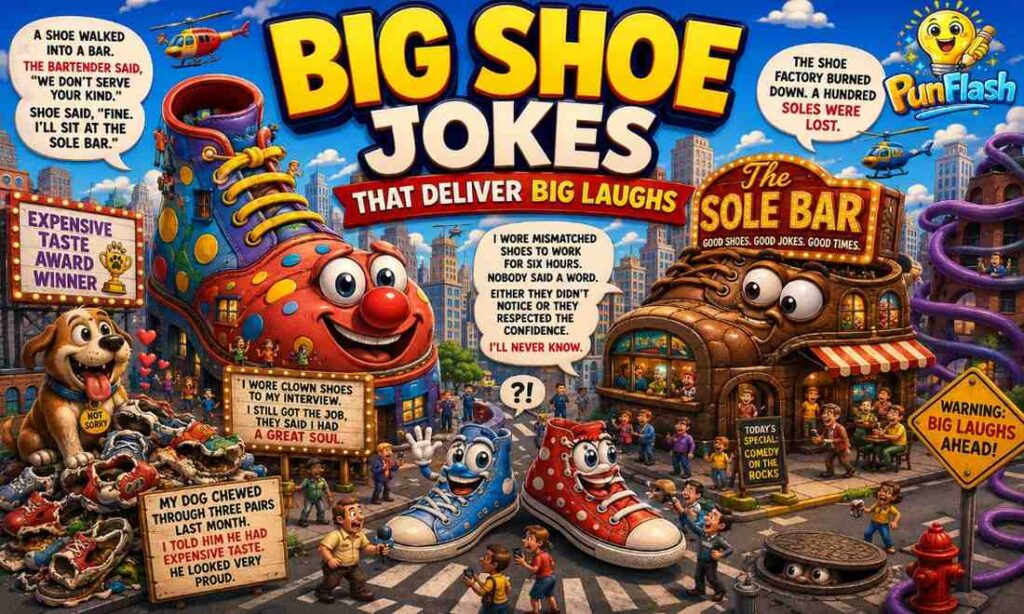 Funny big shoe jokes cartoon featuring giant shoes towering over a city with humorous footwear comedy scenes