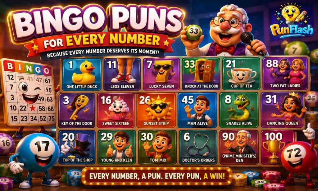 Colorful cartoon illustration of bingo puns for every number featuring funny bingo balls, classic bingo caller phrases, smiling bingo cards, lucky numbers, and playful game night humor.