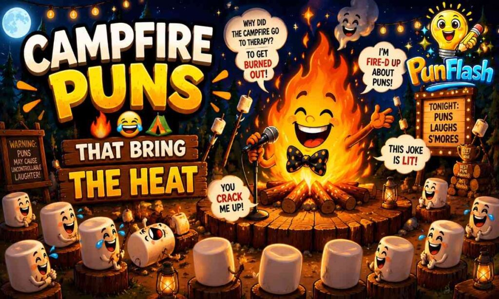 Campfire puns illustration featuring a cartoon campfire comedian performing jokes to laughing marshmallows at a woodland campsite theater