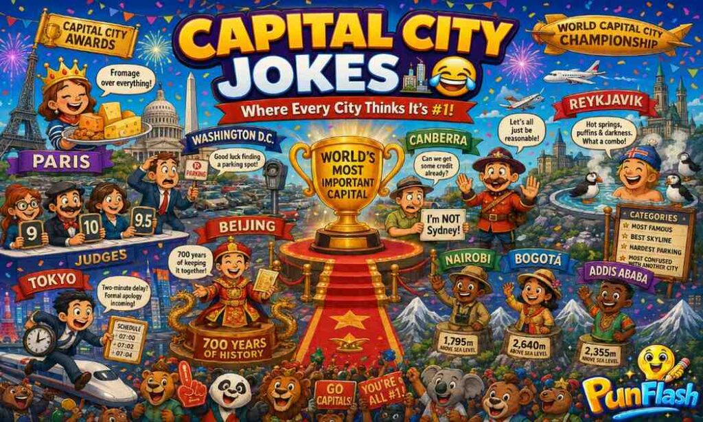 Funny capital city jokes cartoon featuring famous world capitals competing in a city comedy championship.