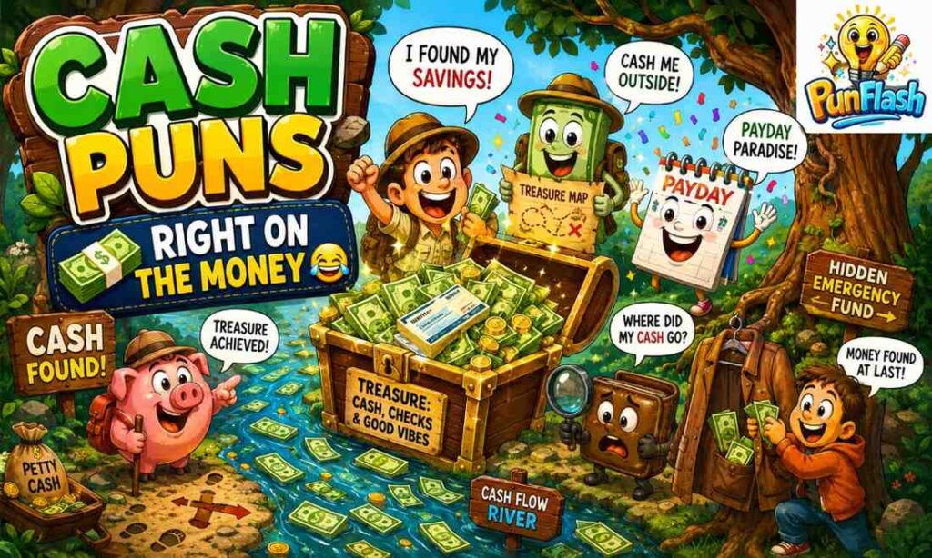 Funny cash puns cartoon illustration featuring a treasure hunt for hidden cash, payday humor, paper money jokes, and cash flow comedy.