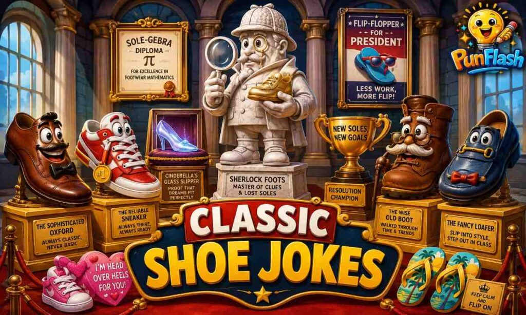 Classic shoe jokes cartoon illustration featuring vintage shoes, sneaker puns, Sherlock Foots detective, and funny footwear humor.