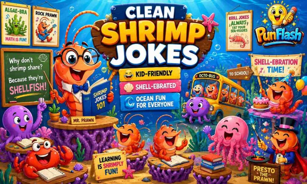 Cute underwater classroom featuring kid-friendly shrimp jokes, ocean humor, and funny sea creature characters laughing together.