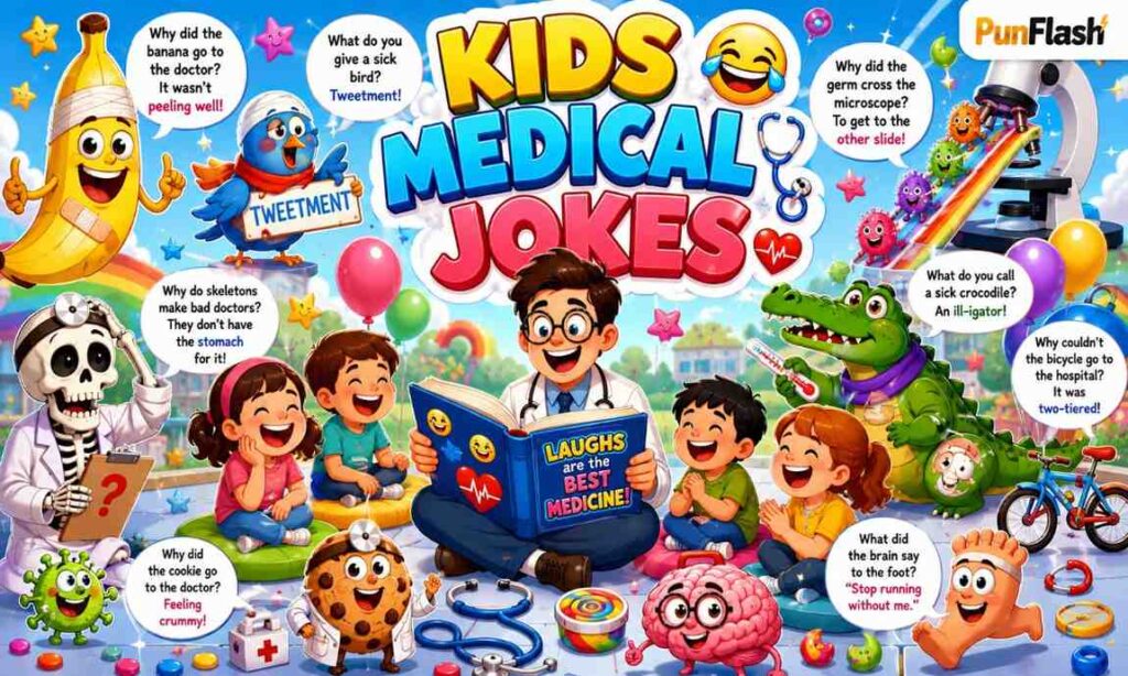 Clean medical jokes for kids cartoon illustration featuring smiling doctor, happy children, funny animals, and family-friendly medical humor in a colorful hospital playland