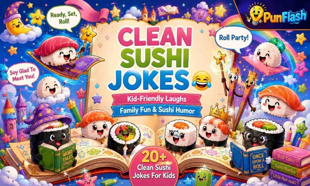 Colorful cartoon sushi storybook kingdom featuring cute sushi rolls, rice characters and family-friendly sushi jokes for kids in a fun fantasy world.