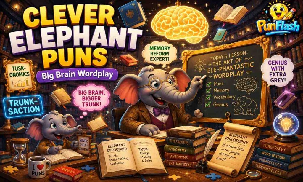 Intelligent cartoon elephant surrounded by books, dictionaries, clever elephant jokes, wordplay, memory humor and literary puns