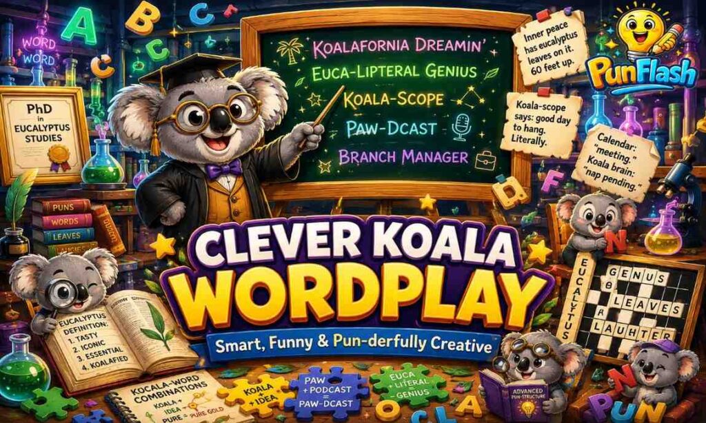 Clever koala wordplay illustration featuring a genius koala professor, pun inventions, eucalyptus humor, and creative koala jokes.