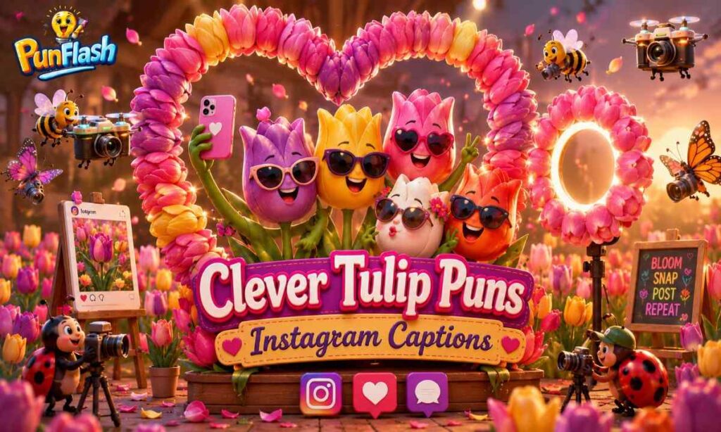 Clever tulip puns for Instagram captions with colorful blooming tulips in a spring photo studio