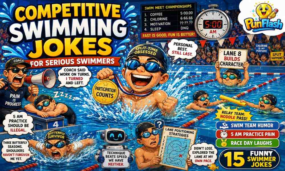 Funny competitive swimming jokes featuring swim team athletes, swimming coach, race day humor, lane jokes, and competitive swimmer comedy.