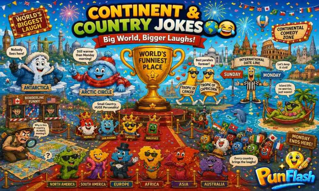 Funny continent and country jokes cartoon featuring continents, countries, and global landmarks in a world comedy festival.
