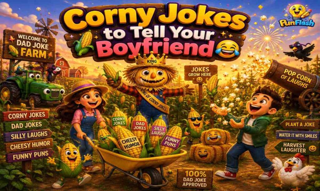 Cartoon couple enjoying corny jokes on a colorful dad joke farm with funny corn characters.