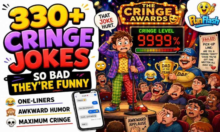 Funny cringe jokes collection featuring awkward humor, cheesy one-liners, dad jokes, and hilarious cringe-worthy comedy
