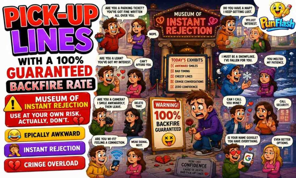 Funny cringe pick-up lines cartoon image featuring awkward flirting, instant rejection, cheesy pickup jokes, and hilarious cringe humor