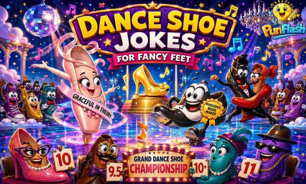 Funny dance shoe jokes cartoon featuring ballet shoes tap shoes and ballroom footwear competing in a magical dance championship