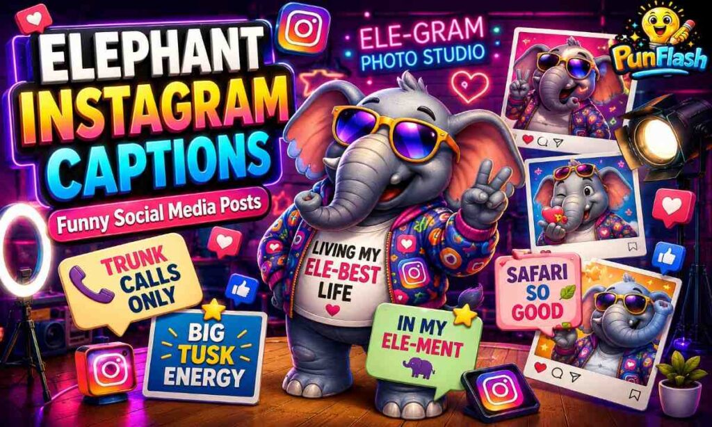 Cartoon elephant posing for Instagram captions and social media posts with funny elephant puns