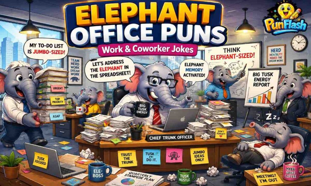 Funny elephant office puns featuring cartoon elephant coworkers, workplace humor, office jokes, team meetings and productivity wordplay